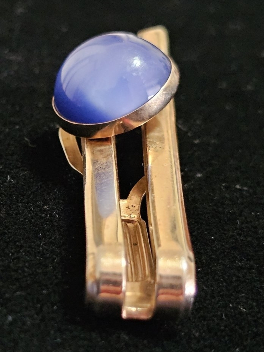 Stunning Vintage MCM Gold Tone Tie Bar with Blue Moonglow Cabochon